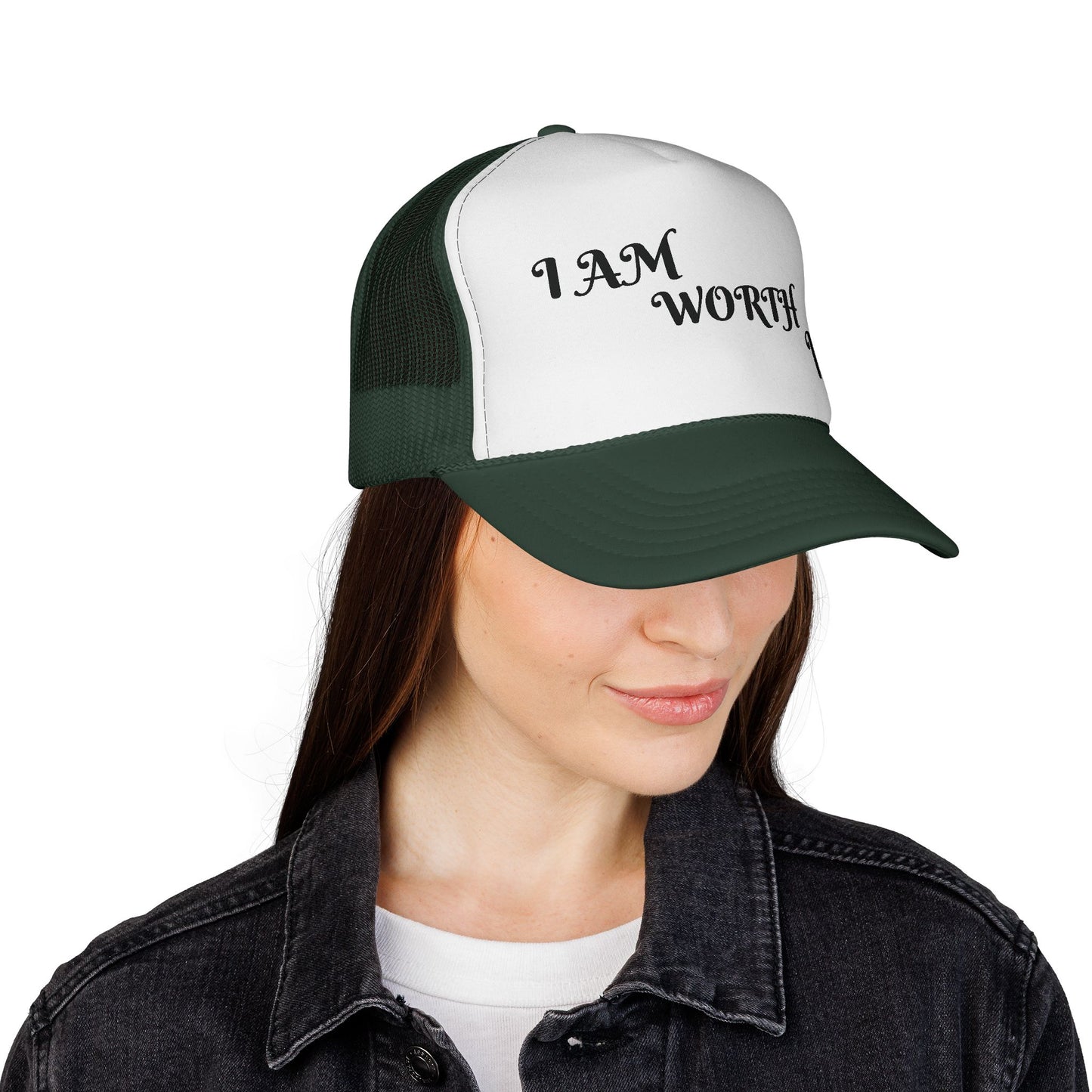 Empowering Trucker Cap - "I AM WORTH IT!" Hats for Confidence, Gift for Motivation, Trendy Accessories, Positive Affirmation Gear