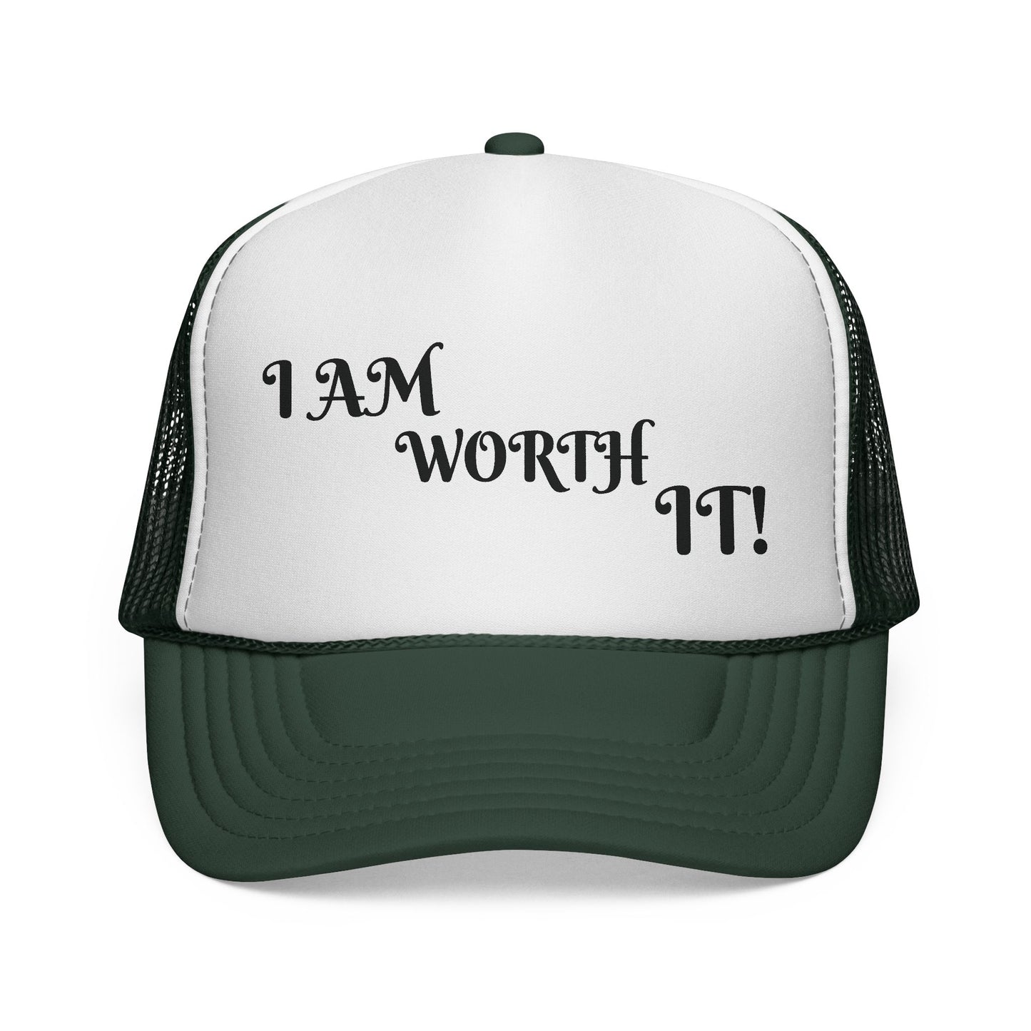 Empowering Trucker Cap - "I AM WORTH IT!" Hats for Confidence, Gift for Motivation, Trendy Accessories, Positive Affirmation Gear