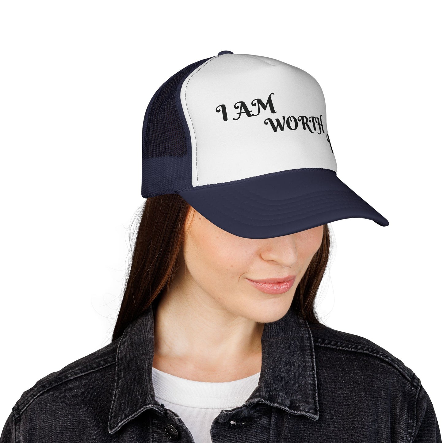 Empowering Trucker Cap - "I AM WORTH IT!" Hats for Confidence, Gift for Motivation, Trendy Accessories, Positive Affirmation Gear