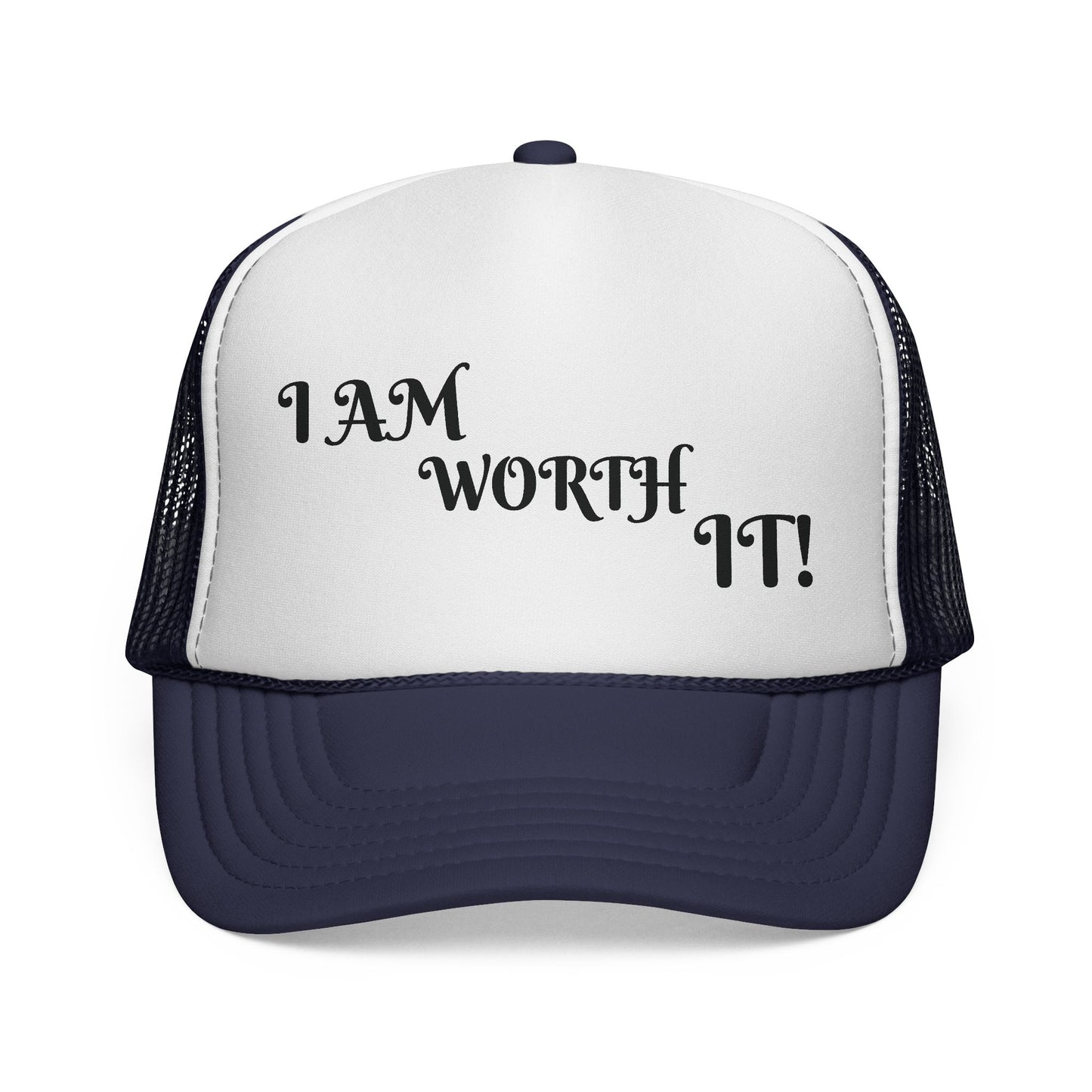 Empowering Trucker Cap - "I AM WORTH IT!" Hats for Confidence, Gift for Motivation, Trendy Accessories, Positive Affirmation Gear