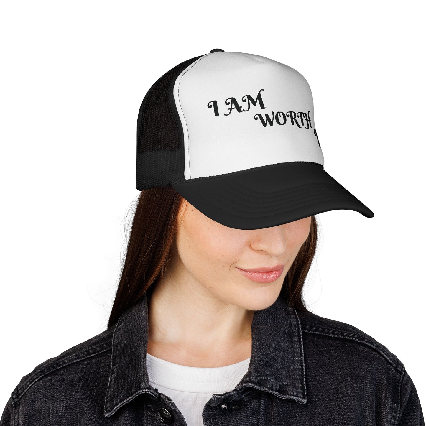 Empowering Trucker Cap - "I AM WORTH IT!" Hats for Confidence, Gift for Motivation, Trendy Accessories, Positive Affirmation Gear