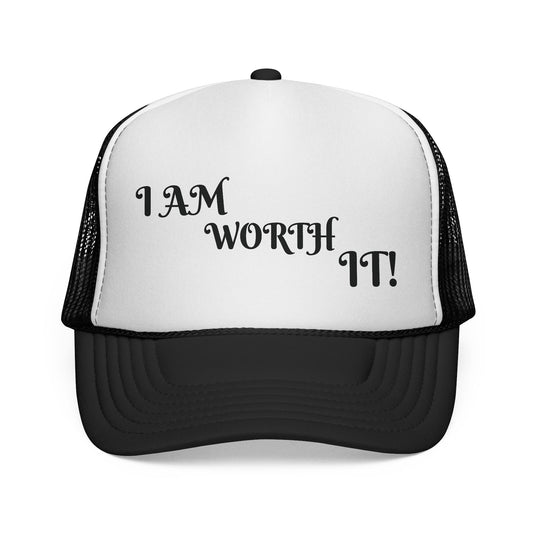 Empowering Trucker Cap - "I AM WORTH IT!" Hats for Confidence, Gift for Motivation, Trendy Accessories, Positive Affirmation Gear